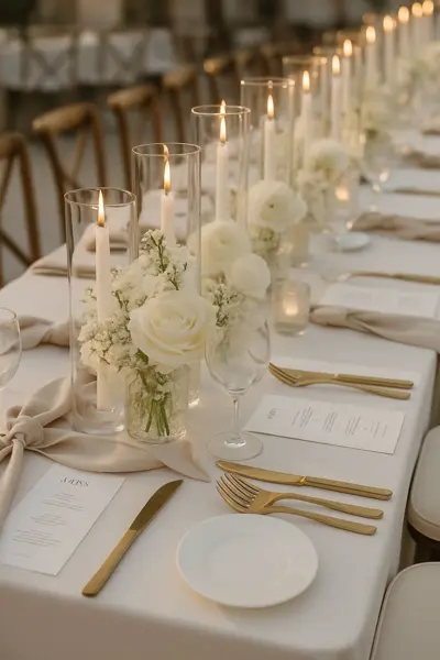 Long table with white florals and gold cutlery