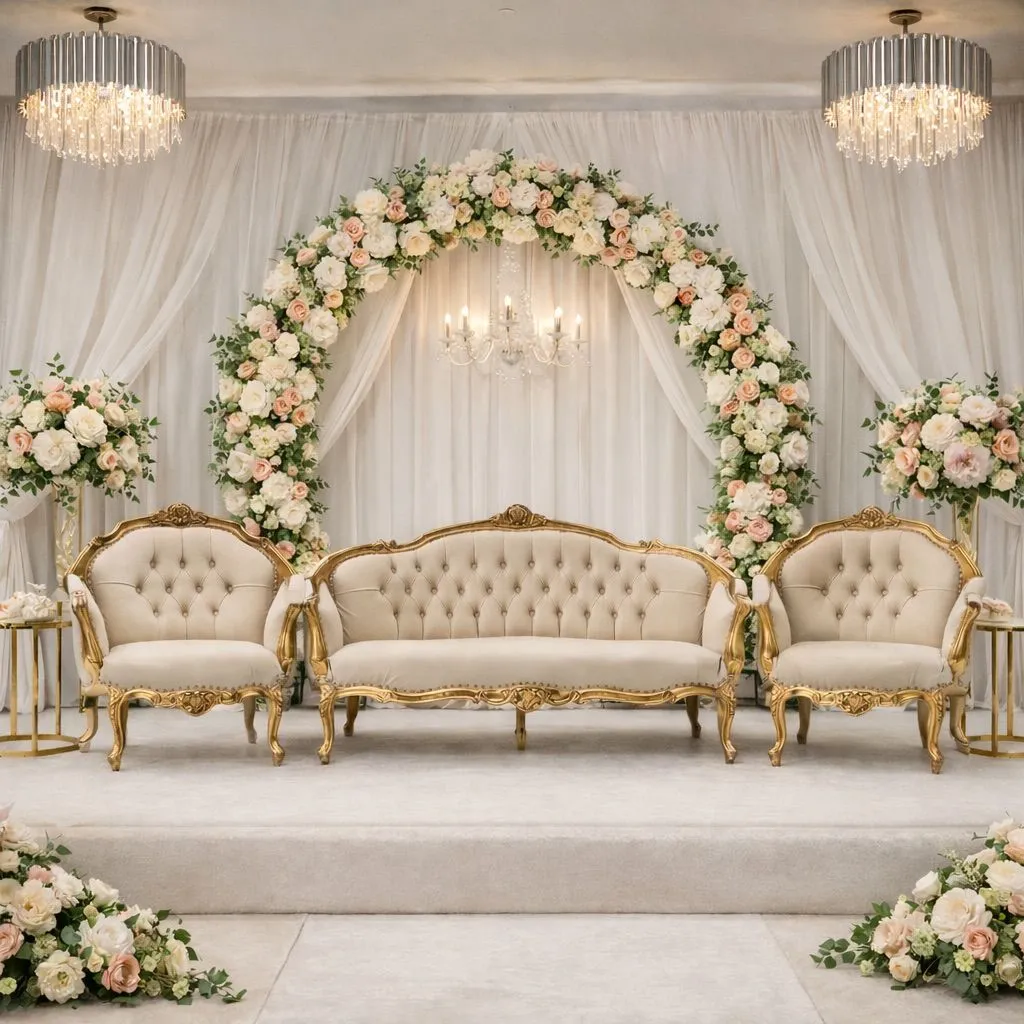 White floral arch with gold sofas