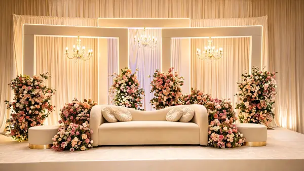 Gold frame backdrop with florals and a cream sofa