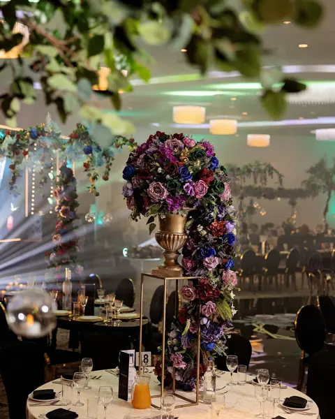 Purple cascading floral centrepiece