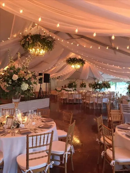 Floral hoop centrepiece in a marquee