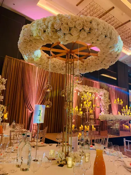 Floral canopy centrepiece in a ballroom