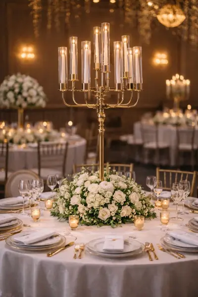 Gold candelabra with floral base