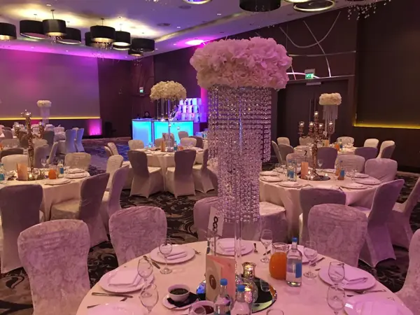 Crystal and pink floral centrepieces