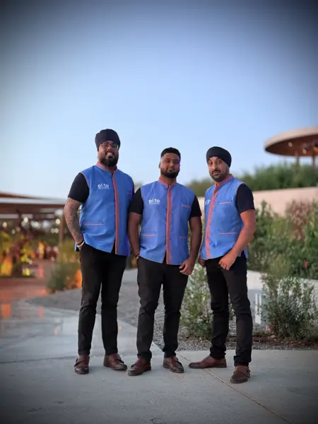 Three dhol players at a destination wedding in Greece
