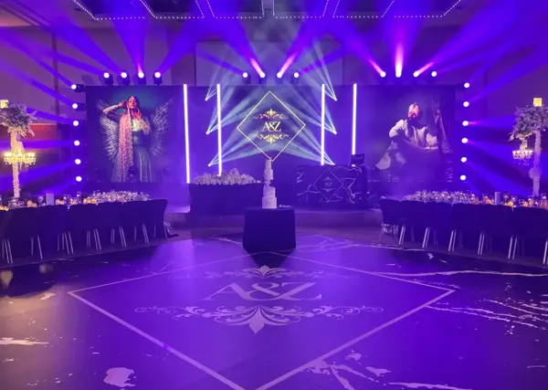 Stage with LED screens, moving lights and a printed dance floor