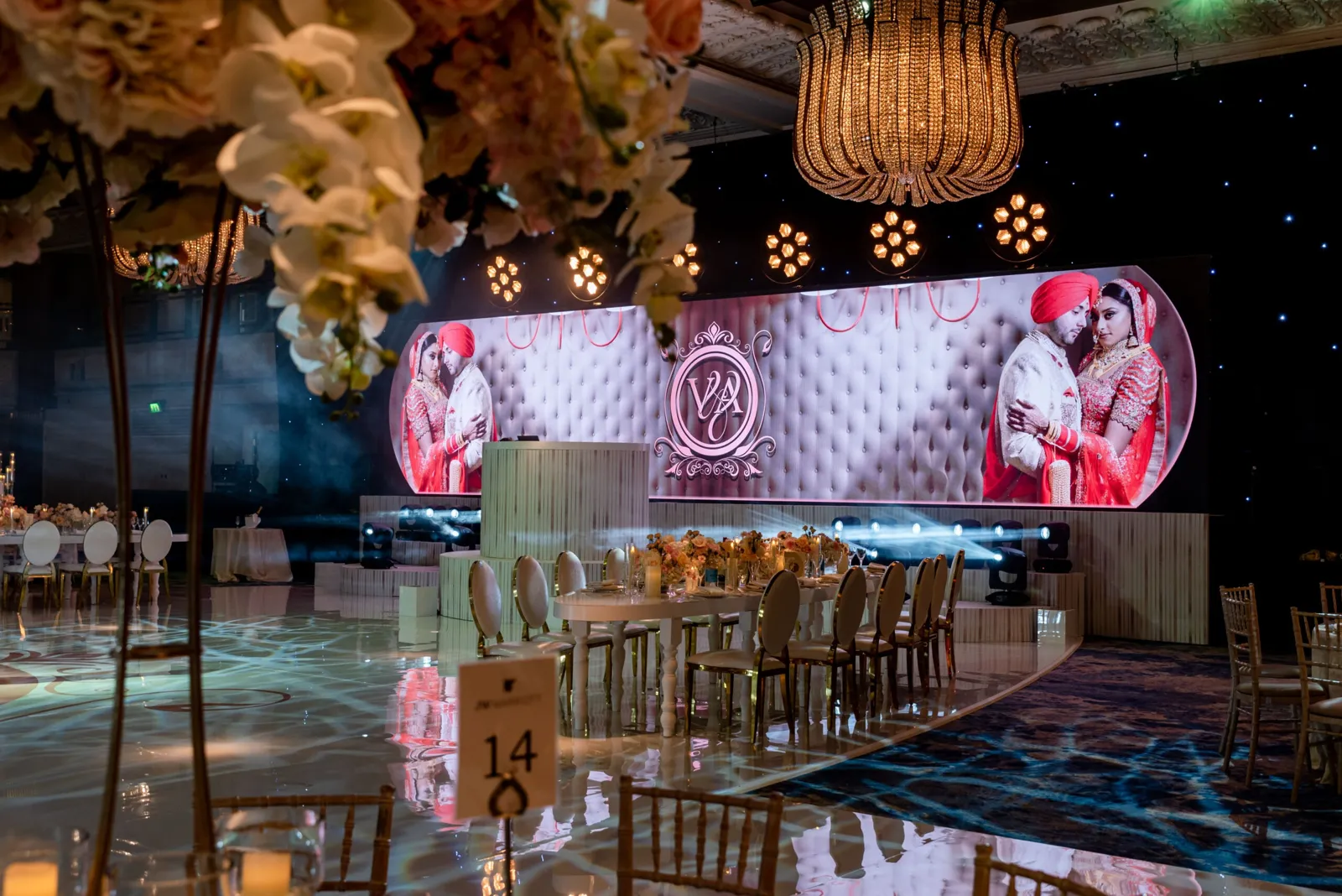 Floral top table with LED screens and a printed dance floor at Grosvenor House