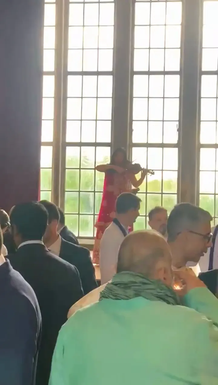 Violinist playing in a busy reception room
